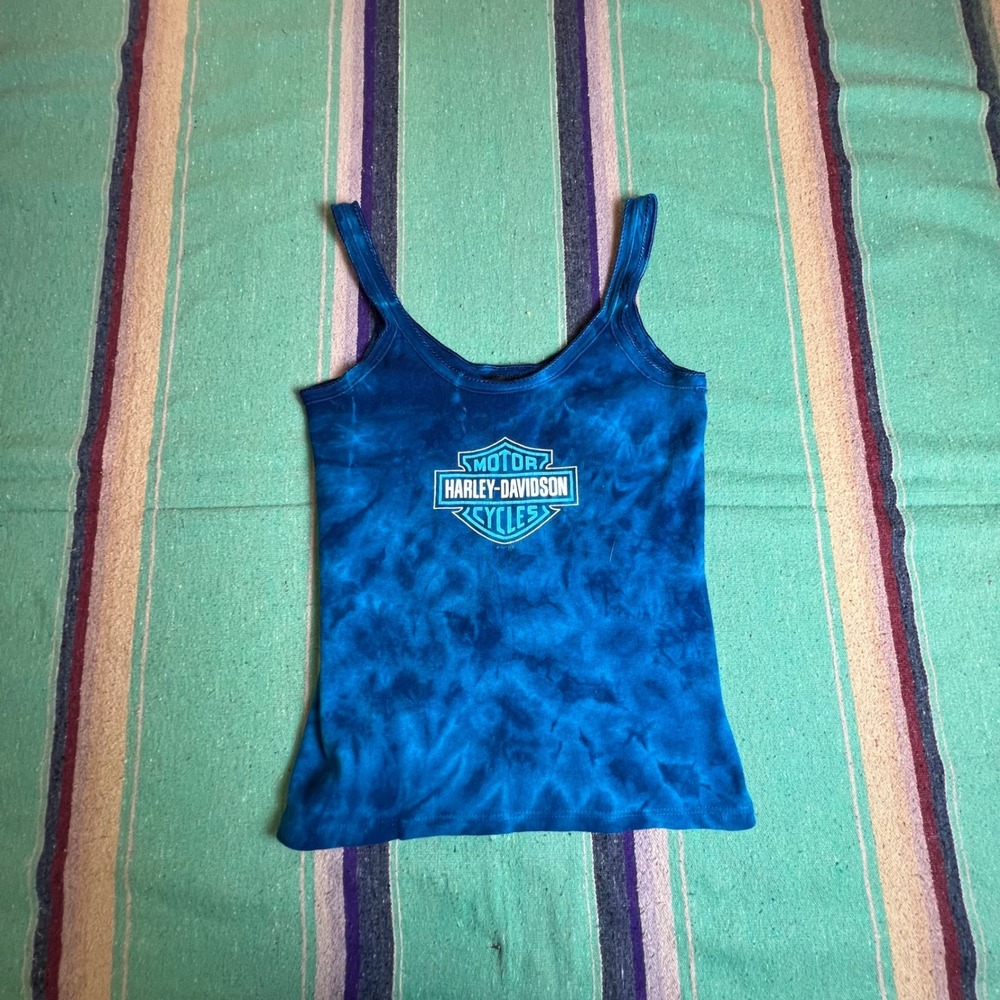 Harley-Davidson Tank Top Womens Medium Blue Tie Dye Sauk Prairie WI Ribbed USA